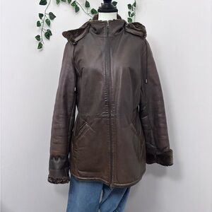 Danier Brown Leather Jacket Women’s with Faux Fur Coat Size M with Hood